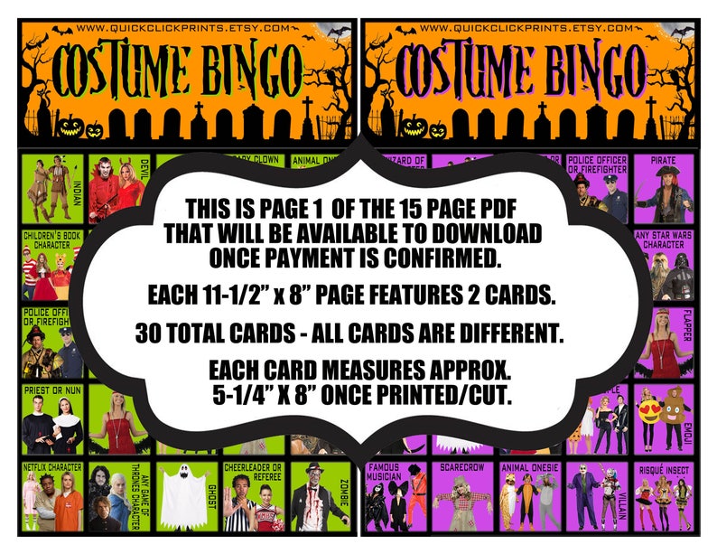 Costume Bingo 30 Cards Halloween Costume Party Games Halloween Drinking
