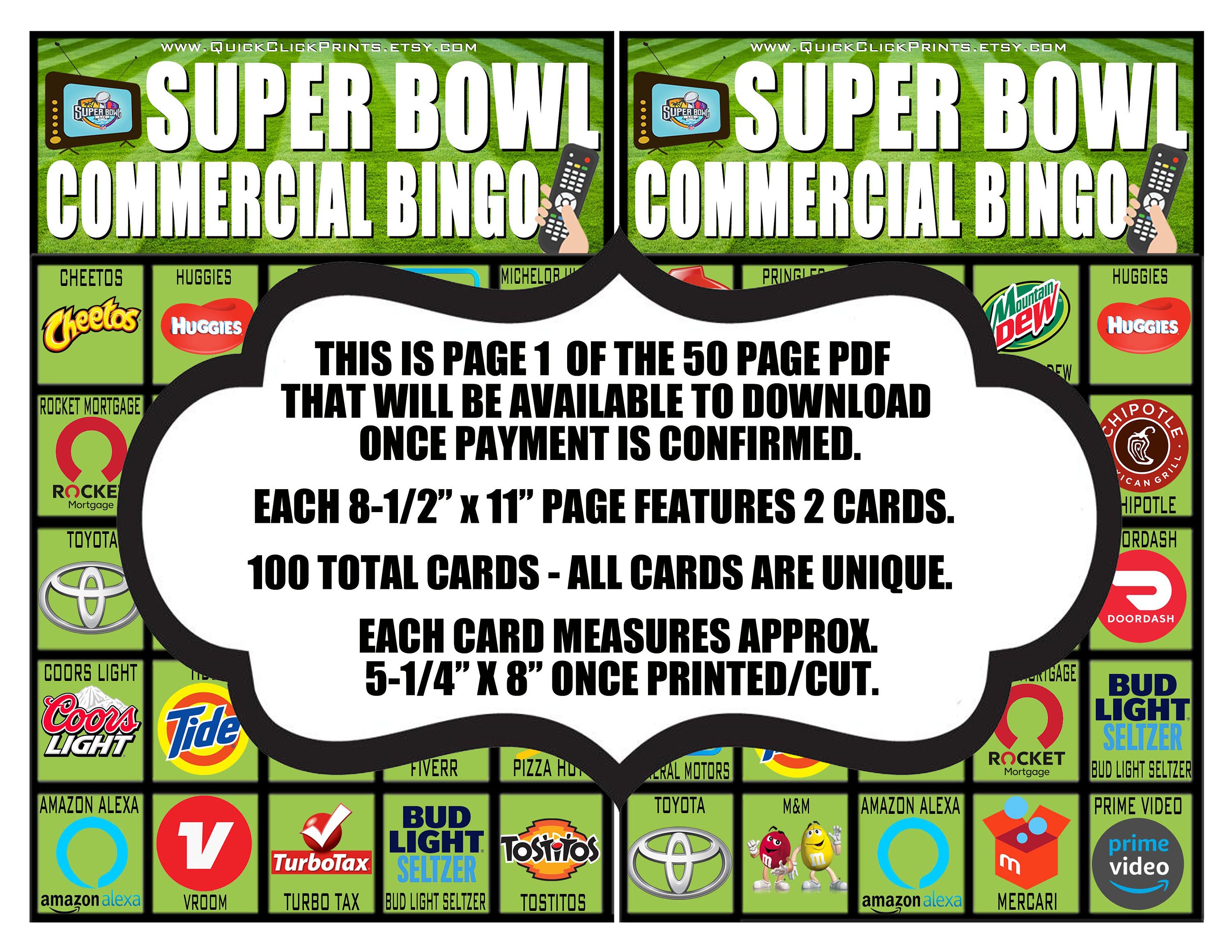 Super Bowl 55 Commercial Bingo 100 Cards SuperBowl Party Etsy