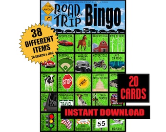 Bingo de viajes por carretera: Juego de viaje en coche, 20 tarjetas imprimibles (descarga digital)
