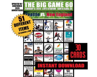 Bingo Super Big Game 60 Seattle vs. Nueva Inglaterra - 30 cartones - Fiesta de fútbol - Descarga instantánea e imprimible