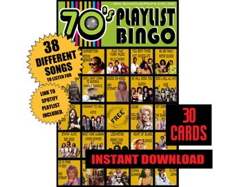 Bingo musical de los 70: 30 cartones imprimibles, juego para bailar (descarga inmediata)