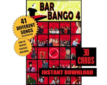 Bar Bango 4 - 30 Cartas - Lista de Reproducción Bingo- Bingo Musical - Juego de Beber- Descarga Instantánea Imprimible