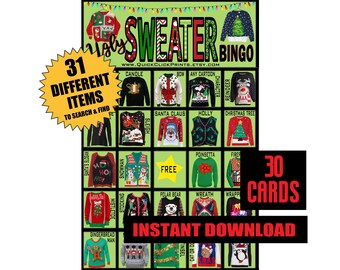 Juego de bingo de suéteres feos: 30 tarjetas de fiesta navideña (descarga imprimible)