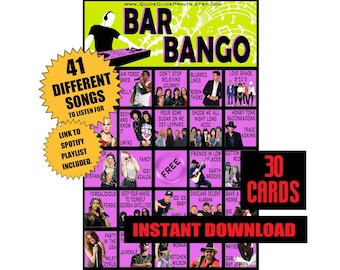 Bar Bango - 30 Cartas - Lista de Reproducción Bingo- Bingo Musical - Juego de Beber- Descarga Instantánea Imprimible