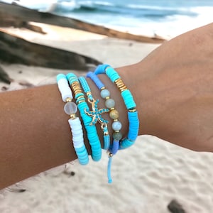 Beach Bracelet, Stretch Bracelet, Stack of 5 Bracelets, Beaded Boho Bracelets for Women, Heishi Bracelet, Starfish Charm Anklet Jewelry