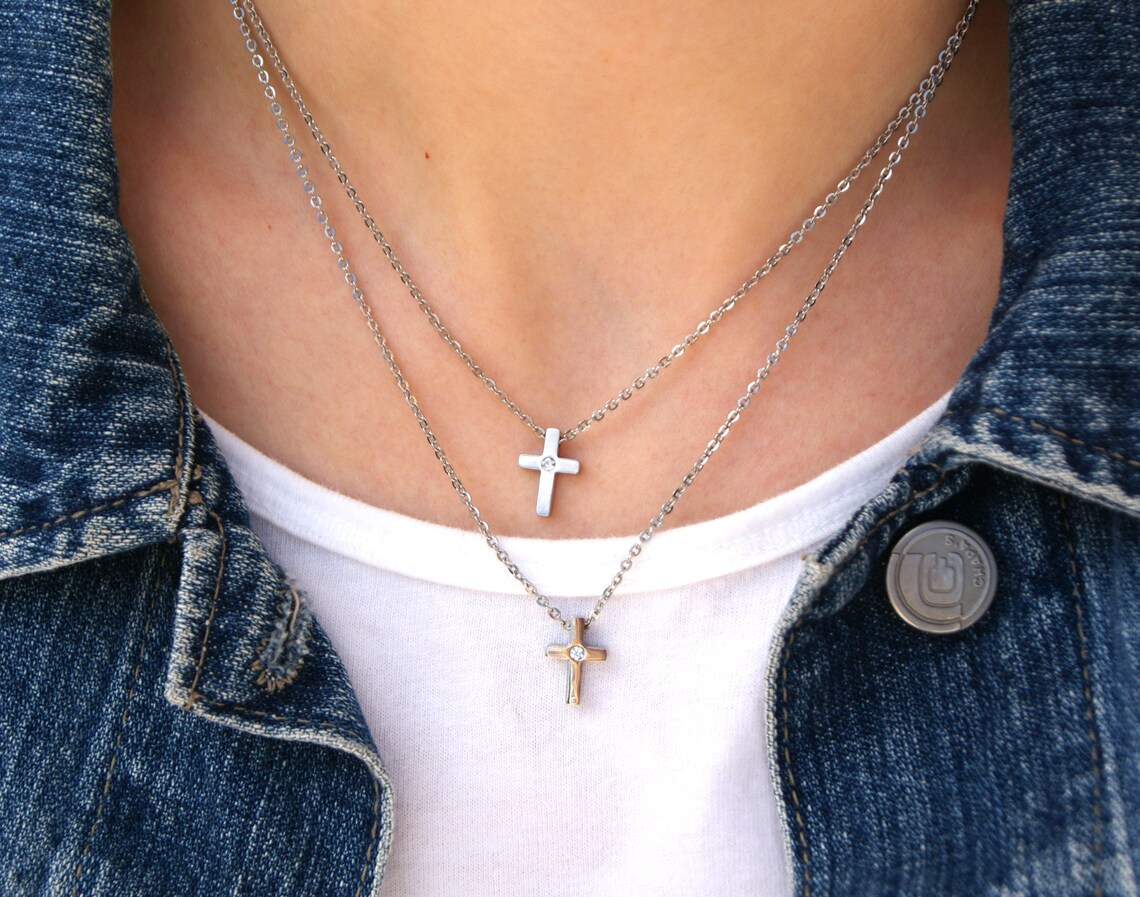 Double Cross Necklace Double Layered Necklace Set Dainty Etsy