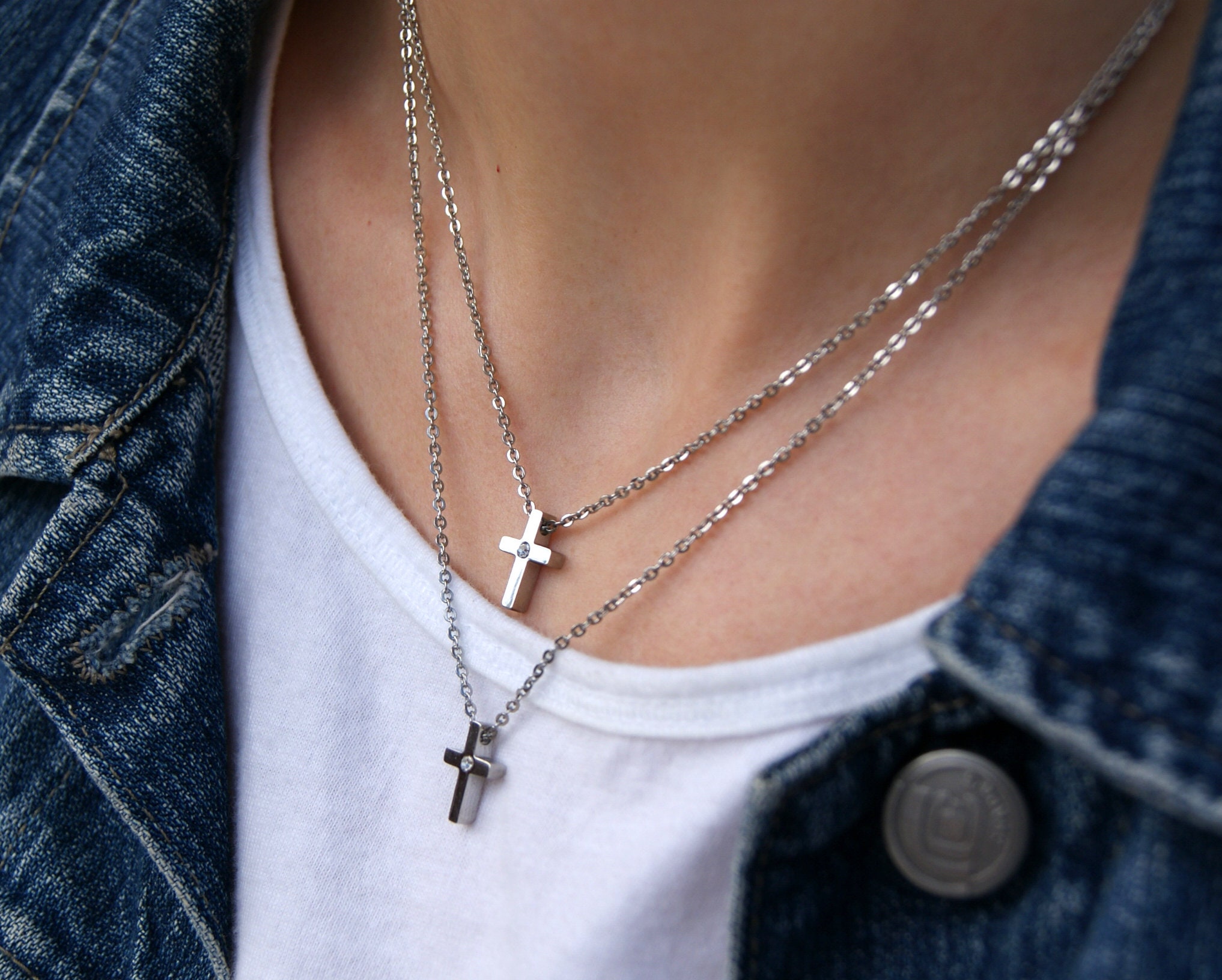 Double Cross Necklace Double Layered Necklace Set Dainty Etsy