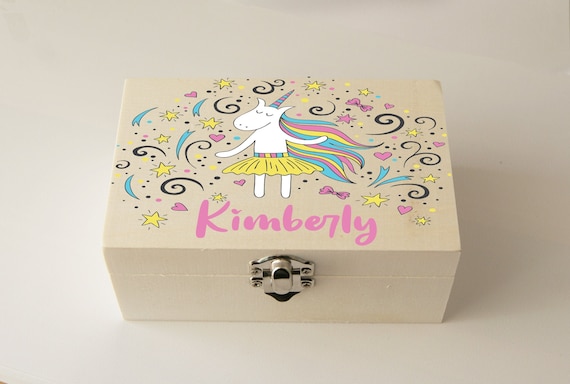 A laser-engraved custom wood memory box with a unicorn motif and 114 hearts — genuinely sweet, clearly hand-finished, and a standout new-baby or toddler gift.