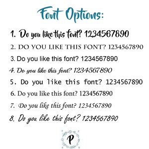 Pode incluir: Um fundo branco exibe oito op&ccedil;&otilde;es de fonte com o texto "Do you like this font?" seguido de n&uacute;meros. O t&iacute;tulo "Font Options" est&aacute; escrito em script turquesa. Uma coroa floral envolve a letra "P".
