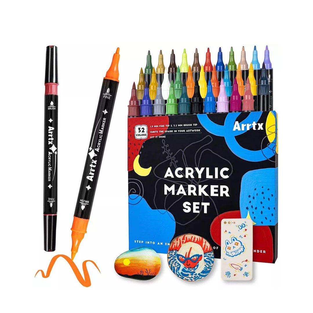 Acrylic Markers Arrtx 32 Colors Fine & Brush Dual Tips Permanent