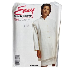 May include: A white sewing pattern package with the text "Easy stitch 'n save" and the number 7394. The package features a woman wearing a white jacket and skirt. The price is $0.25.