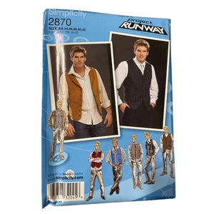 May include: A Simplicity sewing pattern, number 2870, featuring images of vests. The pattern includes sizes AA 34, 36, 38, 40, and 42. The Project Runway logo is visible.