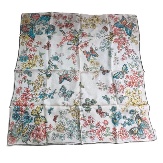 Vintage Floral Butterfly Square Scarf Lightweight… - image 1