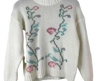 Vintage Floral Pullover Sweater Mock Neck Knit Ivory Bohemian Hippie Women's M