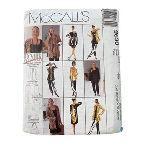 May include: A McCall's sewing pattern packet featuring a travel-easy wardrobe. The packet displays illustrations of various clothing items, including jackets, tunics, and scarves. The color palette includes black, white, and animal print designs.