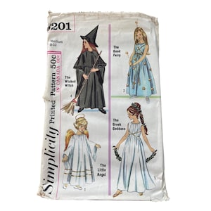 May include: Vintage Simplicity pattern #201 featuring illustrations of children's costumes. Designs include a wicked witch, a good fairy, a Greek goddess, and a little angel. The pattern size is medium 8-10.