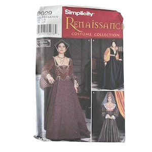 May include: Simplicity Renaissance Costume Collection sewing pattern. The pattern features images of Renaissance-era gowns. The main image shows a woman in a burgundy dress with long sleeves and gold accents. The pattern includes sizes 6, 8, 10, and 12.