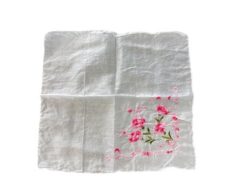 Vintage Floral Embroidered Handkerchief Lot of 2 Scarf Rose White Pink Classic