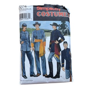 May include: A Simplicity Costumes sewing pattern envelope, number 7274, featuring illustrations of four historical military uniforms. The designs include blue jackets, trousers, hats, and sashes in various colors, with a barcode and size range XS-XL printed.