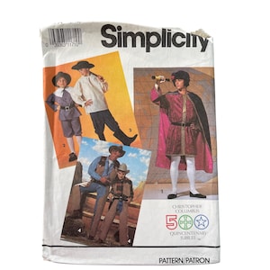May include: Simplicity pattern featuring costume designs for Christopher Columbus's 500th Quincenntenary Jubilee. The designs include a Renaissance outfit, a colonial outfit, and a cowboy outfit. The pattern is white with colorful images.
