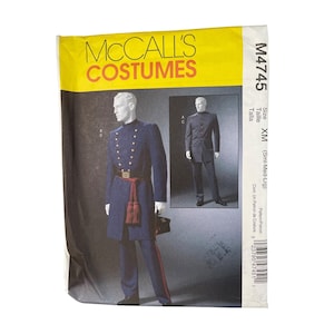May include: McCall's Costumes sewing pattern M4745. The pattern features a blue military-style uniform with gold buttons, a red sash, and matching pants. The package is yellow and white with the size listed as XM (Sml-Med-Lrg).