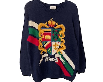 Suéter vintage de los 90 de Susan Bristol, talla mediana, jersey con escudo, azul marino, nuevo, sin usar.