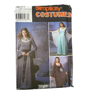May include: Simplicity Costumes pattern featuring medieval-style dresses. The pattern includes images of three different dress designs in shades of blue and brown. The pattern's size range is 14, 16, 18, and 20.