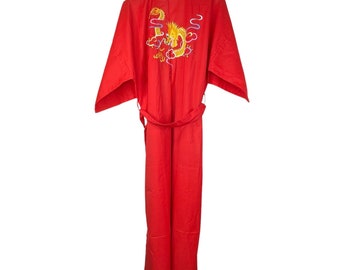 Health Vintage Chinese Dragon Robe Embroidered Kimono Red Cotton Blend Women's M