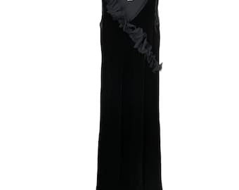 90s Ice Vintage Midi Dress Velvet Black Silk Blend Ruffle Womens 8 Whimsigoth