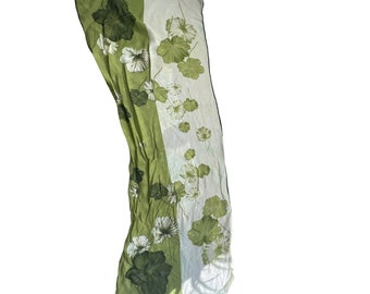 Vintage Leaf Print Rectangle Silk Scarf Lightweight Green Neck Wrap Boho