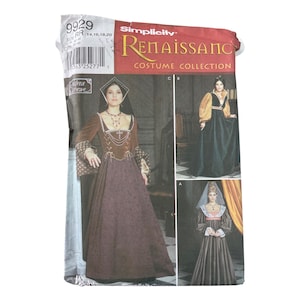 May include: Simplicity Renaissance Costume Collection sewing pattern. The pattern features images of Renaissance-era gowns. The pattern envelope is white and red with the number 9929 and size information. The envelope shows three different costume designs.
