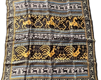 Vintage Fair Isle Reindeer Horse Square Silk Scarf Nordic Lightweight Multicolor