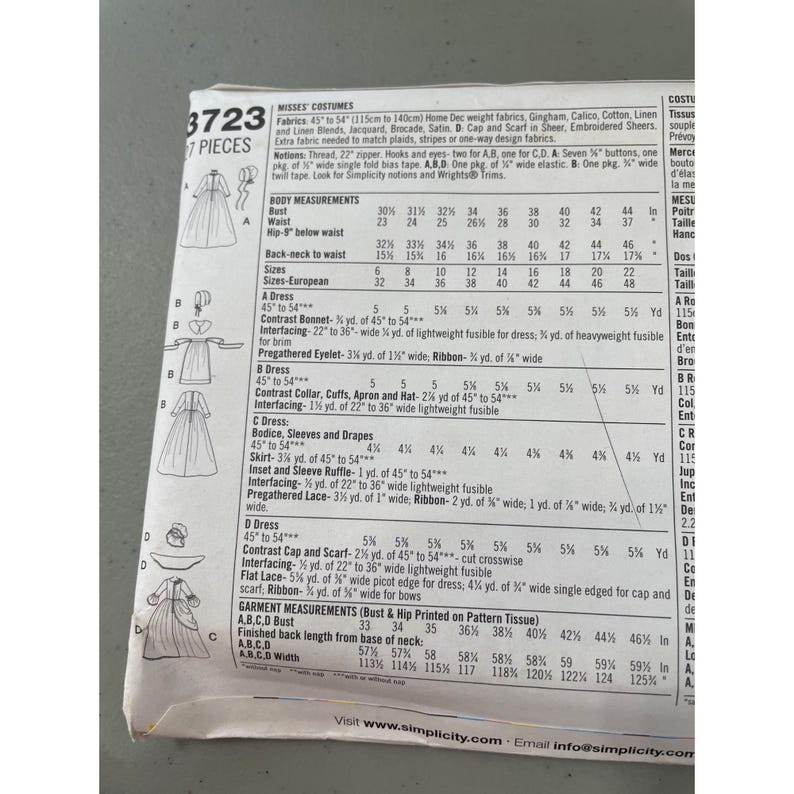 Simplicity 3723 Historical Costume Pattern Size 6-12 Pilgrim Colonial ...