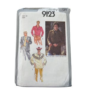 May include: A vintage Simplicity sewing pattern, size 36 for men, featuring illustrations of various jacket and shirt designs. The pattern number is 9123. The image includes a price tag of $2.00.