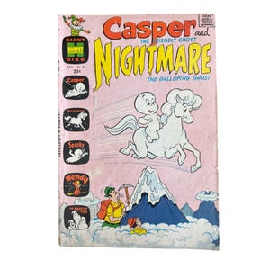 May include: Vintage comic book cover featuring Casper the Friendly Ghost and Nightmare the Galloping Ghost. The cover is predominantly pink with illustrations of Casper riding a horse, a mountain, and other characters. The title is in yellow and red.