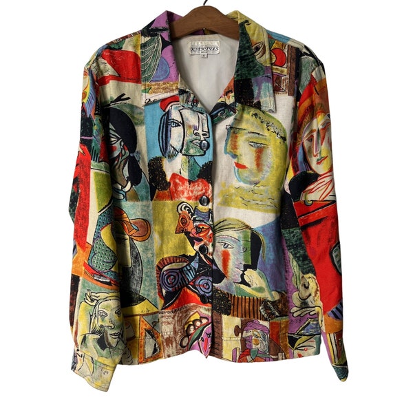 Kaktus Vintage Pablo Picasso Art Jacket Womens S Abstract Paint Art Linen Retro