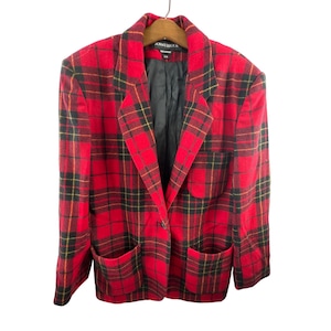 Donnybrook Vintage 90s Wool Blazer Jacket Womens 5/6 Red Black Tartan Plaid