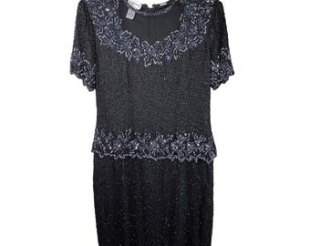 Vintage vintage jurk van Stenay maat 10, zwarte cocktailjurk met korte mouwen en kralen met kralen, Gatsby