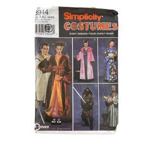 May include: A Simplicity Costumes sewing pattern envelope, number 3944, for an easy design your own robe. The packaging features illustrations of various robe styles, including a metallic red and gold robe, a pink robe, and a floral patterned robe.