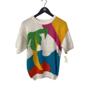 Vintage 80s Lord Isaacs Sweater Medium Colorful Palm Tree Knitwear Deadstock NEW