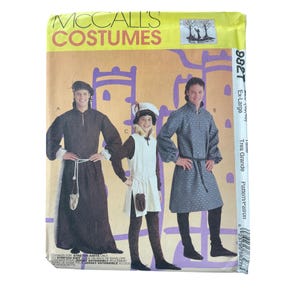 May include: McCall's Costumes pattern for medieval-themed outfits. The package features illustrations of three different costume designs, including a long brown robe, a white tunic, and a gray tunic. The size is Ex-Large.
