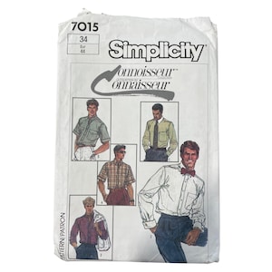May include: A Simplicity sewing pattern envelope featuring illustrations of men's shirts. The envelope is white with the text "Simplicity" and "Connoisseur Collection." The pattern number is 7015, with sizes 34 and Eur 44.