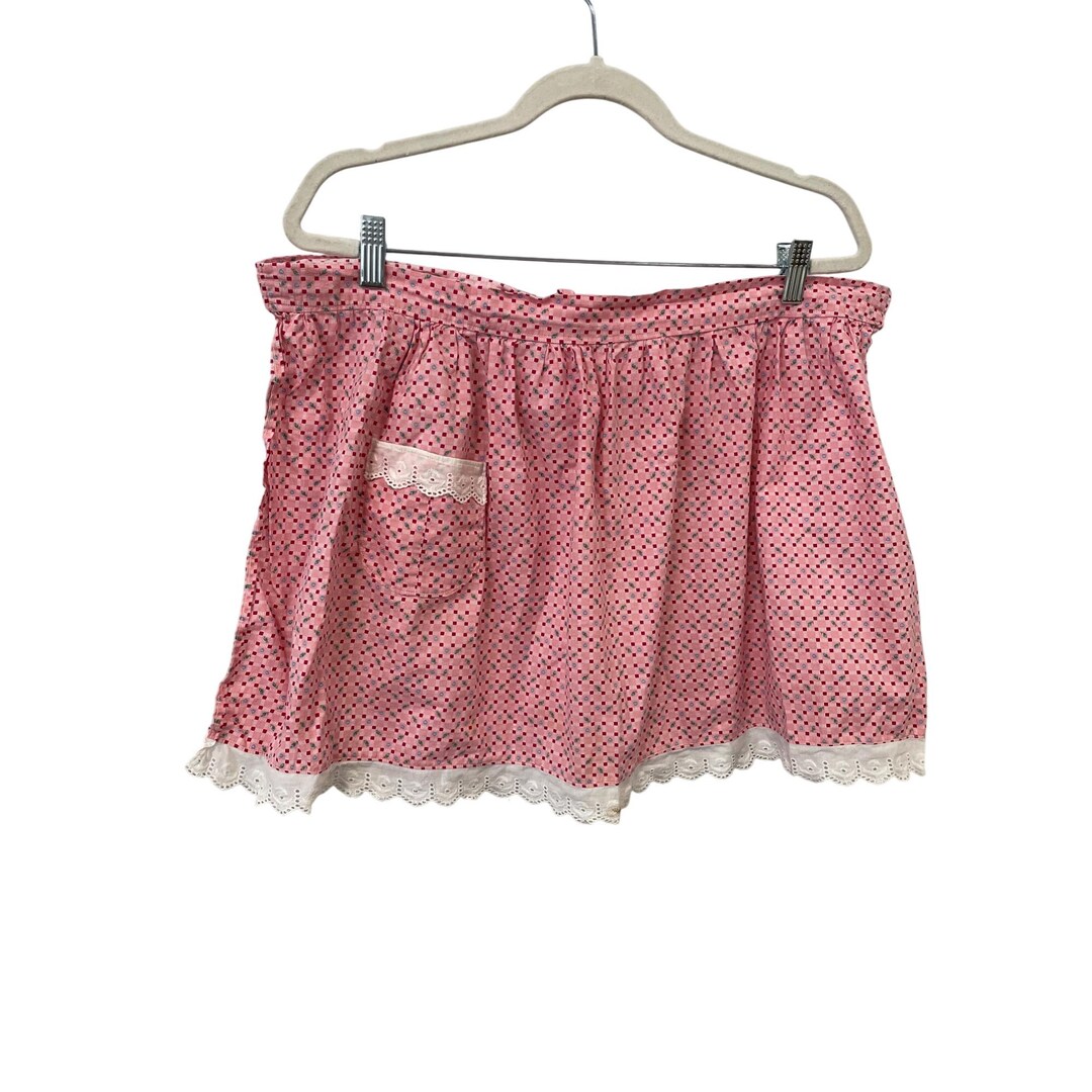 Vintage Geometric Half Apron Adjustable Tie Lace Trim Pocket Pink