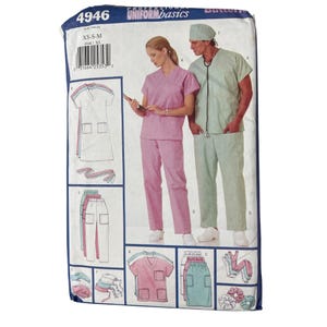 May include: A sewing pattern for medical scrubs. The pattern features illustrations of pink and green scrubs, including tops, pants, and accessories. The package includes the text "UNIFORMbasics" and the number "4946".