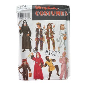 May include: Simplicity Costumes pattern featuring various Halloween costume designs. The package displays illustrations of a Grim Reaper, cat, ninja, wizard, and other characters. The pattern number is #1423, with size A (3,4,5,6,7,8).