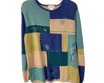 Suéter Koret vintage de los 90, talla mediana, patchwork bordado, azul, nuevo, sin usar.