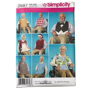 May include: Simplicity sewing pattern 2687 featuring various bib designs. The bibs are shown in different patterns and colors, including floral, plaid, and holiday themes. The pattern includes multiple sizes and is designed by Faith Van Zanten.