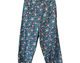 Vintage 90s Koret City Blues Floral Cropped Pants Size 8 Blue Boho Deadstock NEW