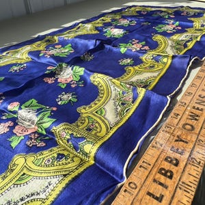 Vintage Floral Rectangle Silk Scarf Cobalt Blue Light Neck Wrap Boho Hippie