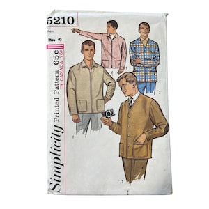 May include: Vintage Simplicity pattern 5210 for men's jackets and shirts. The pattern features illustrations of various jacket styles, including a zip-up jacket and a collared cardigan. The pattern is marked size 40.
